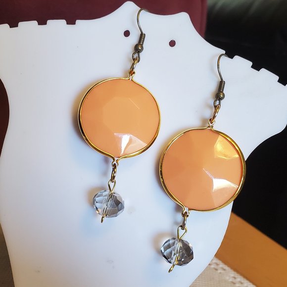 2" Bronze Hook Orange Oval Disc Glass Earrings